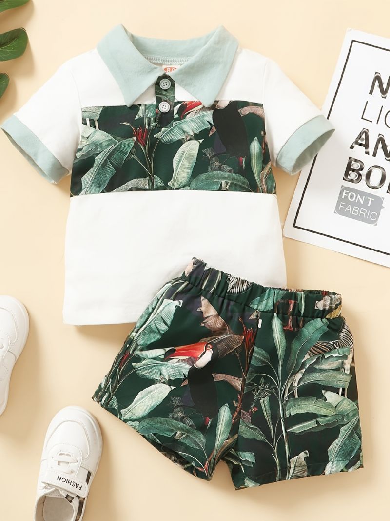 Drenge Color Block Shirt + Tropical Print Shorts Sæt Babytøj Til Sommer