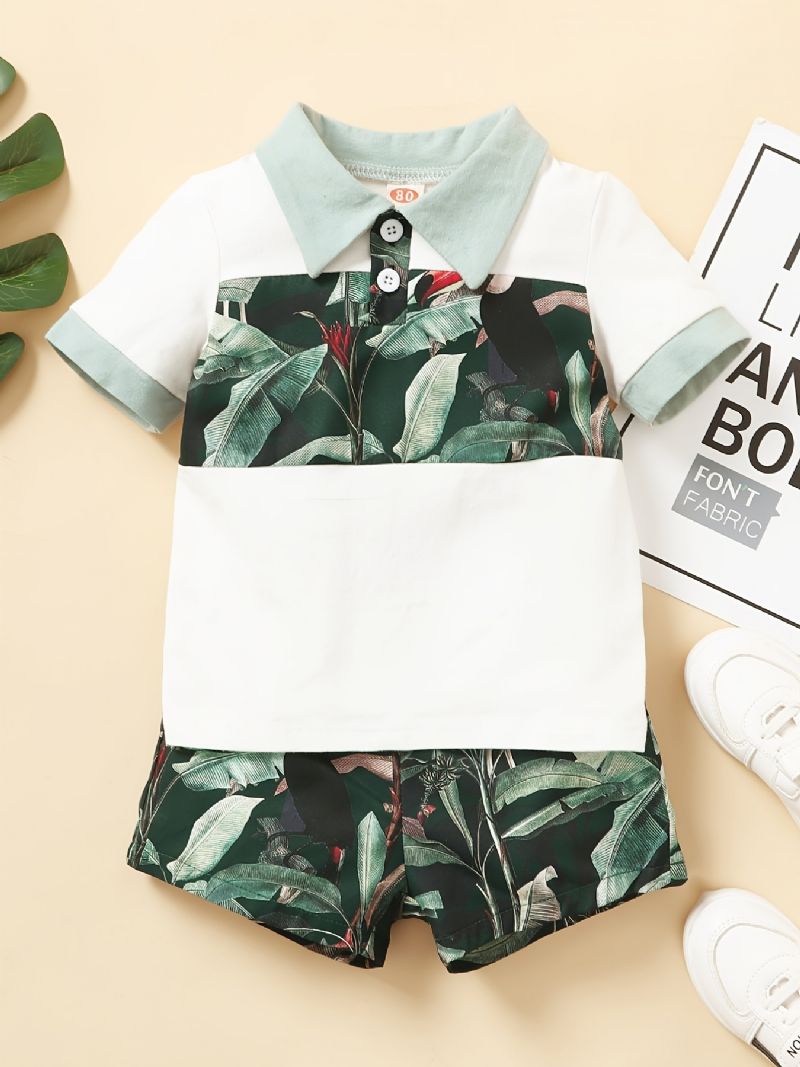 Drenge Color Block Shirt + Tropical Print Shorts Sæt Babytøj Til Sommer