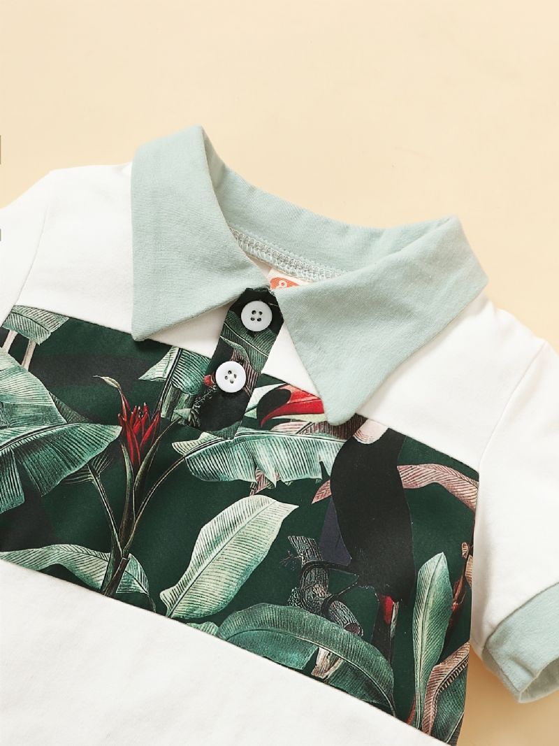 Drenge Color Block Shirt + Tropical Print Shorts Sæt Babytøj Til Sommer