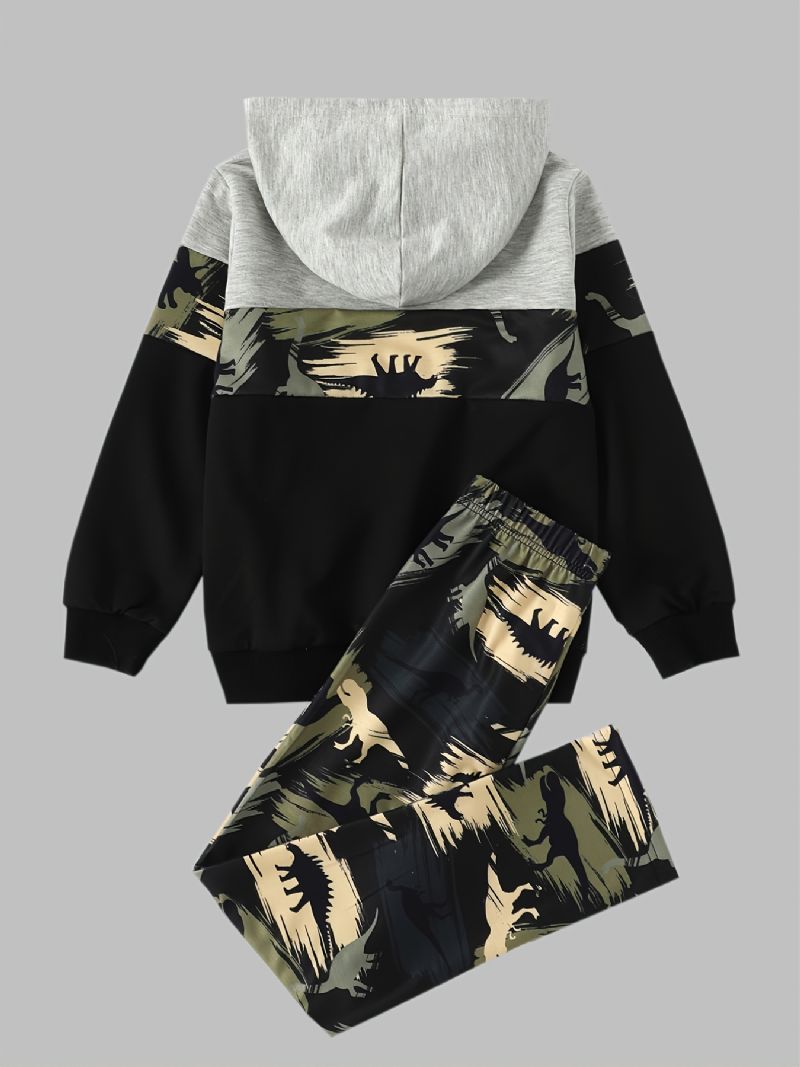 Drenge Dinosaur Camouflage Print Langærmet Hooded Sweatshirt Bukser Sæt Efterår Vinter