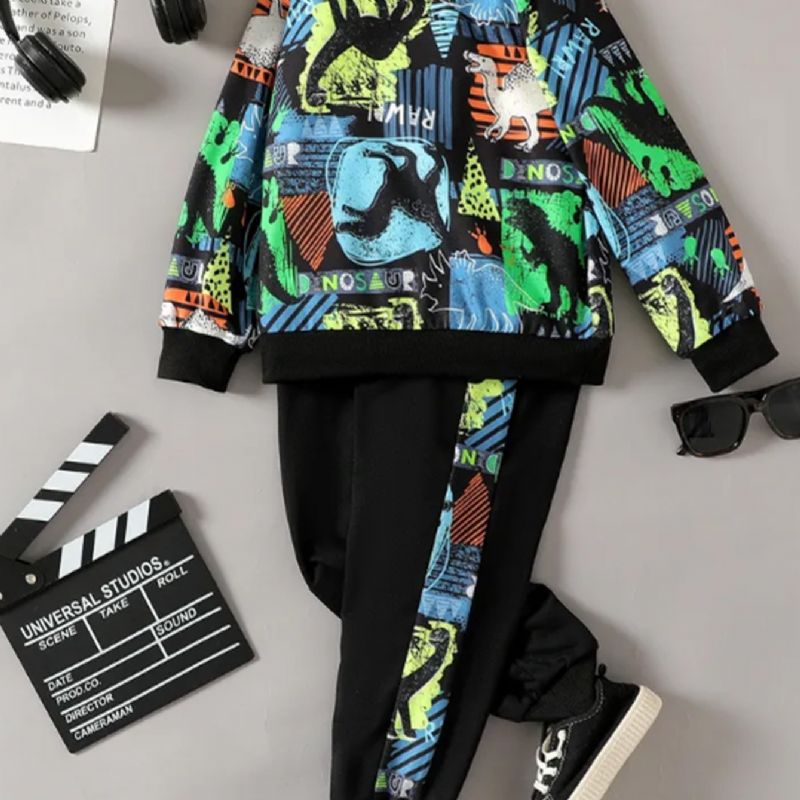 Drenge Dinosaur Print Langærmet Sweatshirt & Kontrast Sweatpants Sæt