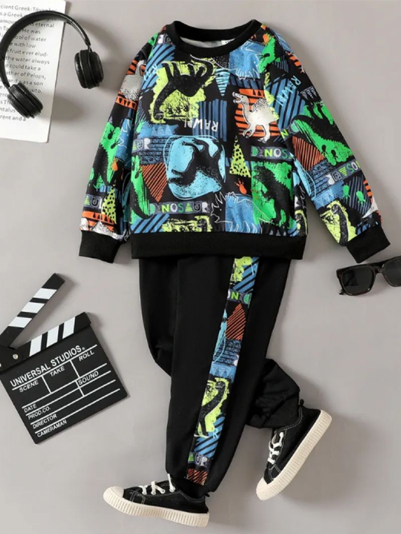 Drenge Dinosaur Print Langærmet Sweatshirt & Kontrast Sweatpants Sæt