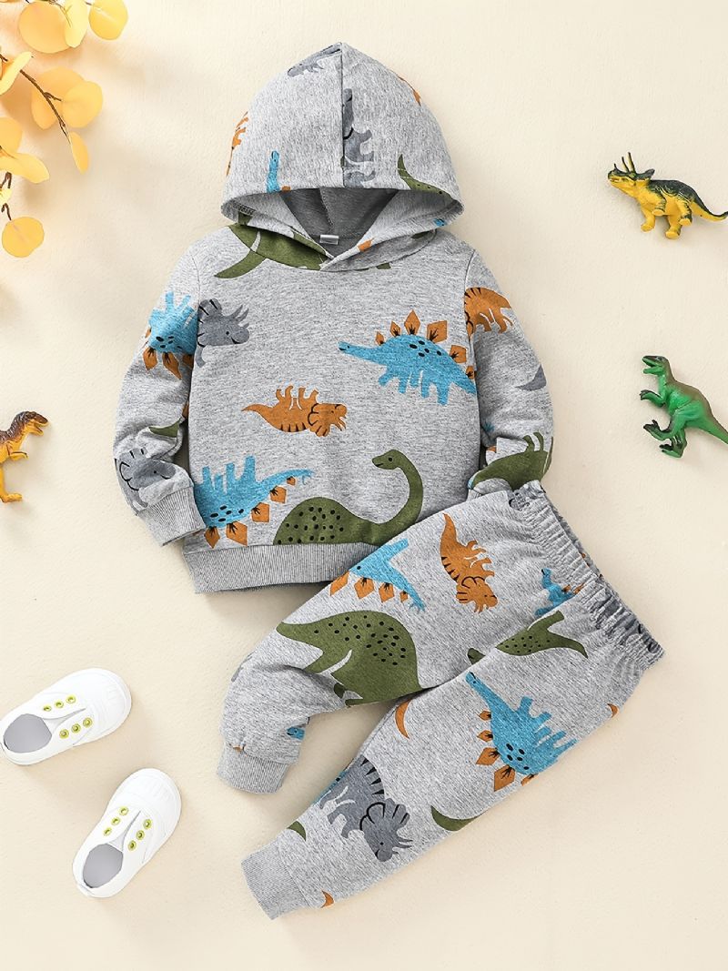 Drenge Dinosaur Print Pullover Hættetrøje + Bukser Sæt Outfit Babytøj