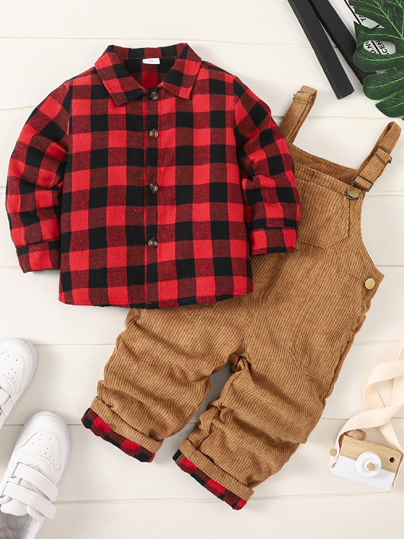 Drenge Flannel Plaid Skjorte + Matchende Solide Overalls Sæt Børnetøj Til Vinter