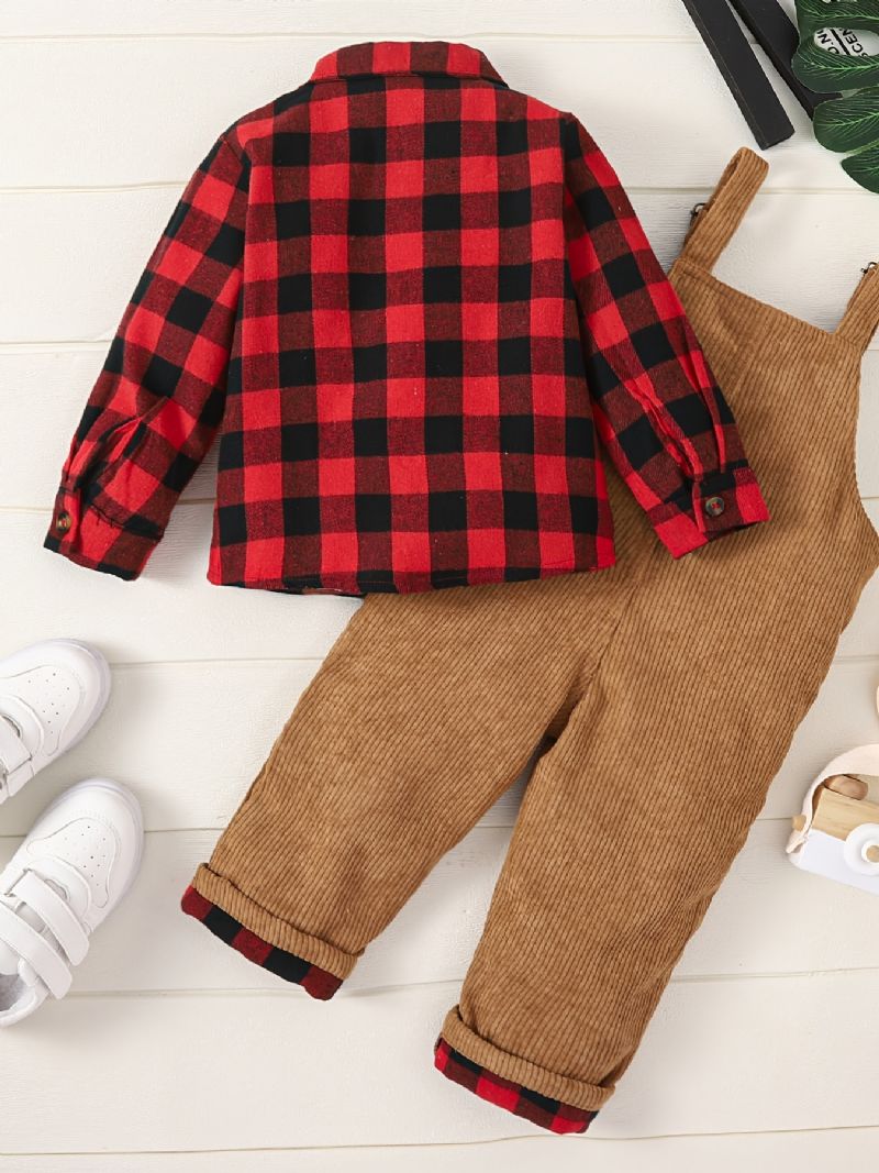 Drenge Flannel Plaid Skjorte + Matchende Solide Overalls Sæt Børnetøj Til Vinter