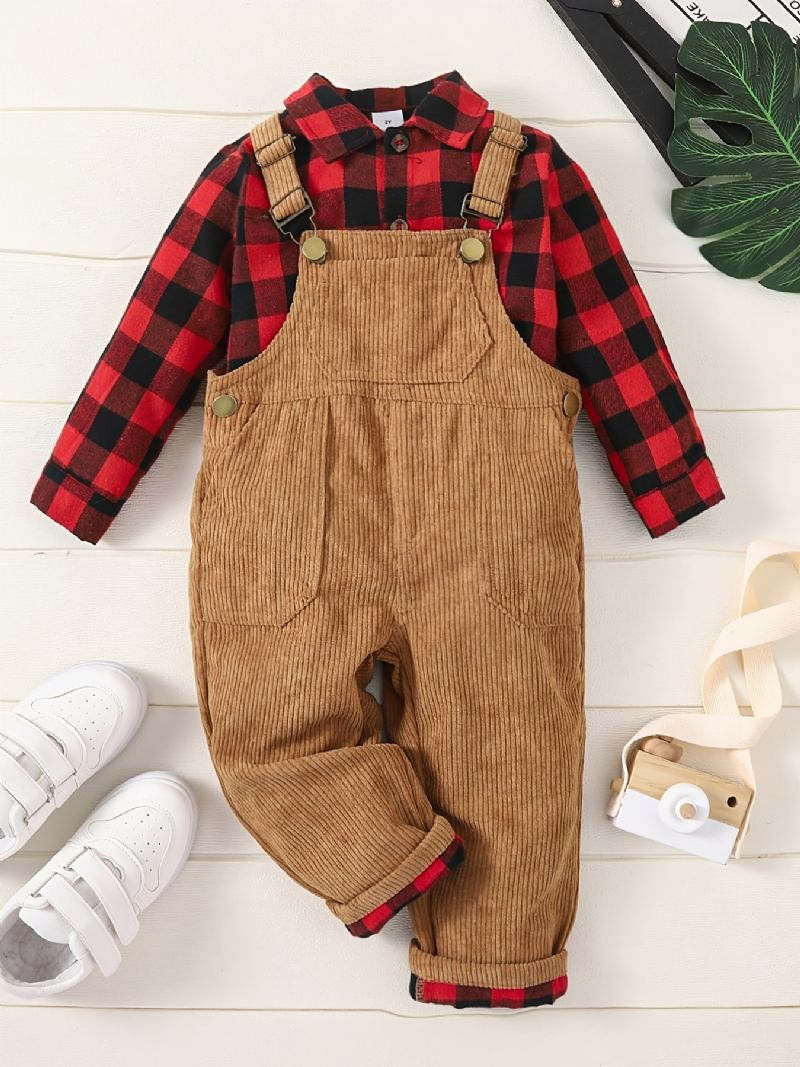 Drenge Flannel Plaid Skjorte + Matchende Solide Overalls Sæt Børnetøj Til Vinter