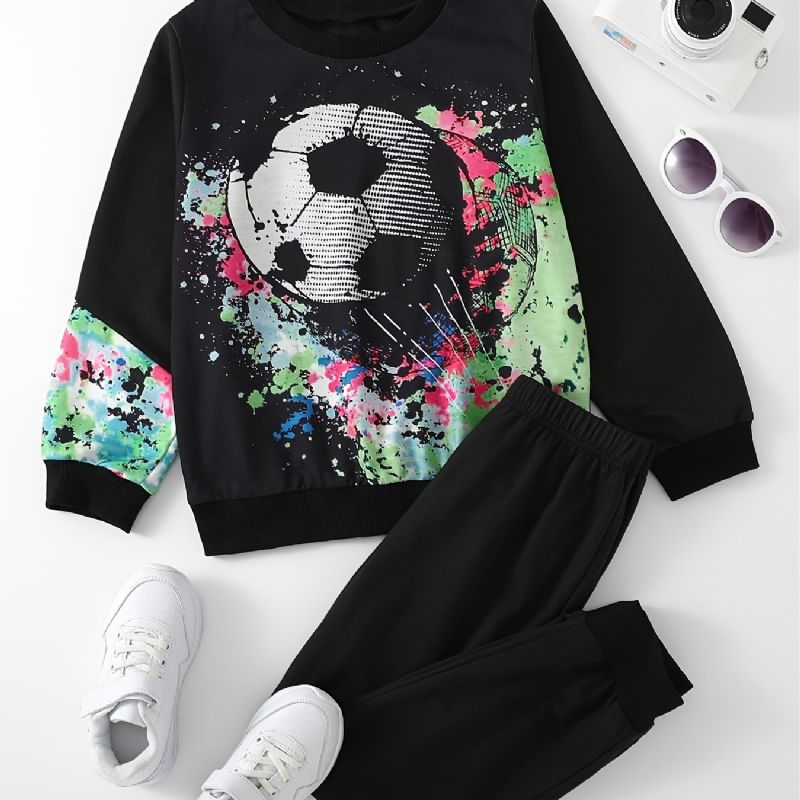 Drenge Fodbold Print Langærmet Sweatshirt & Sweatpants