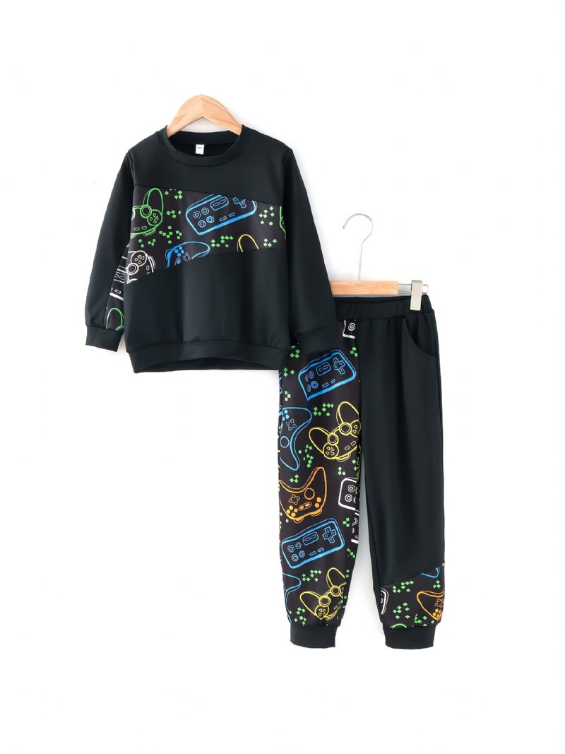 Drenge Game Blomsterprint Kontrast Langærmet + Sweatpants Outfit Sæt Drengetøj