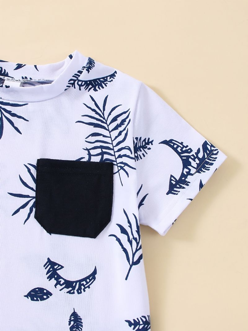 Drenge Leaf Print Kortærmet Top + Ensfarvet Pocket Shorts Sæt Børnetøj