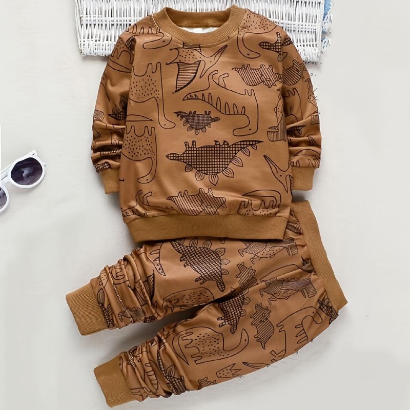 Drenge Rundhalset Sweatshirt + Bukser Sæt Dinosaur Print Børnetøj