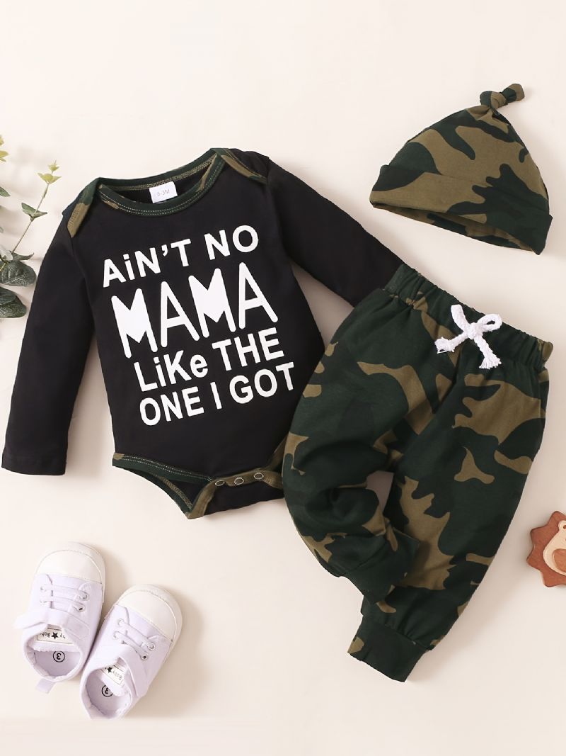 Drenge Slogantryk Langærmet Jumpsuit + Camobukser + Hattesæt Babytøj