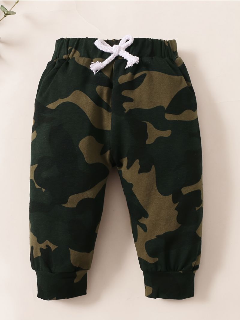 Drenge Slogantryk Langærmet Jumpsuit + Camobukser + Hattesæt Babytøj