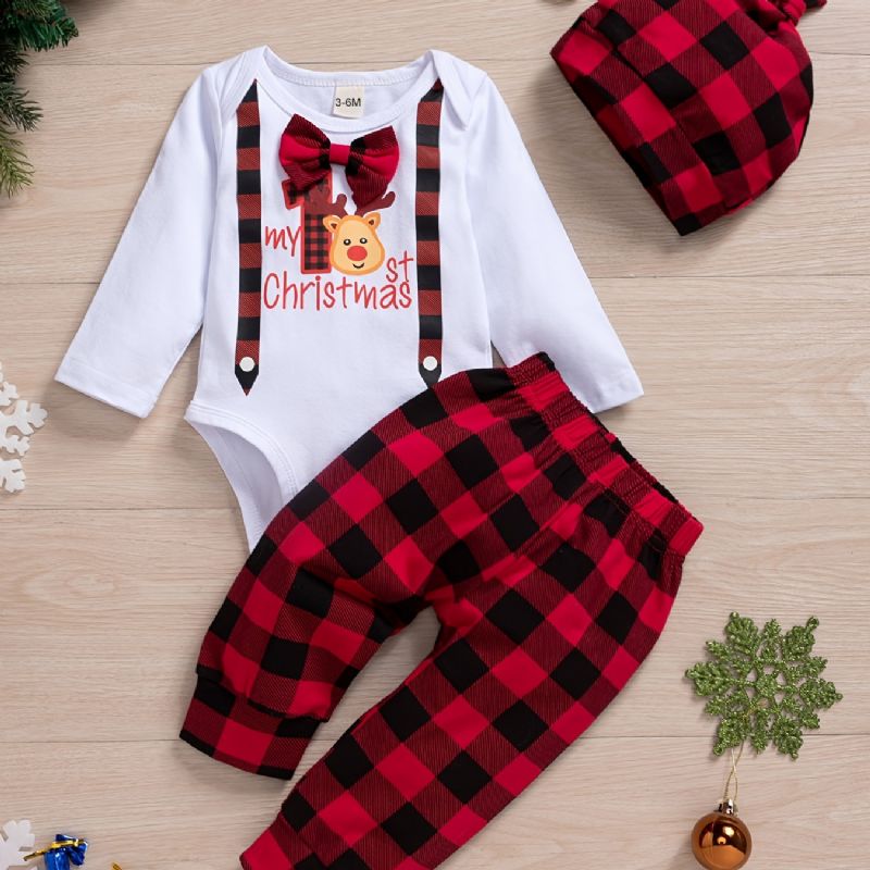 Småbørn Baby Drenge Juleoutfit Bodysuits Søde Juletryk Langærmede Rullebukser & Plaid Bukser & Hatte Sæt