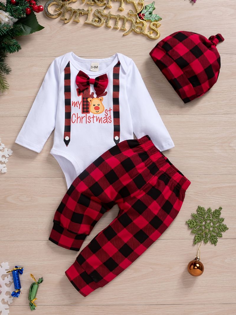 Småbørn Baby Drenge Juleoutfit Bodysuits Søde Juletryk Langærmede Rullebukser & Plaid Bukser & Hatte Sæt