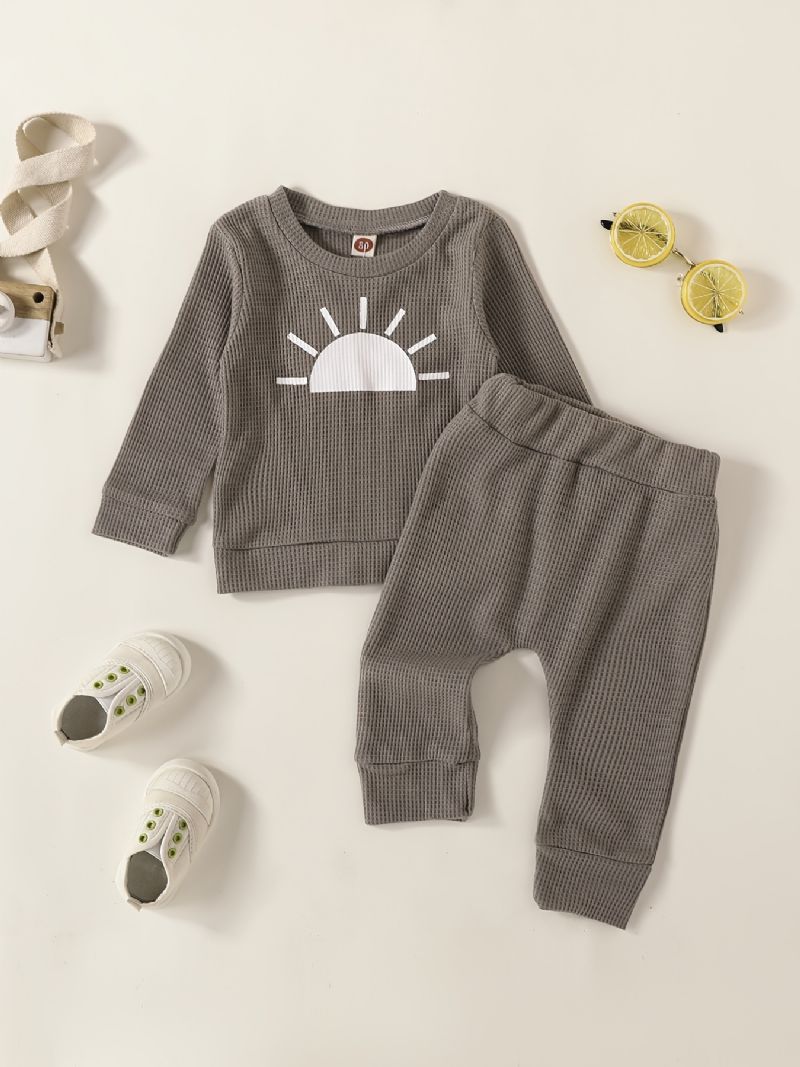 Småbørn Baby Drenge Langærmet Rundhals Solprint Pullover Sweater & Elastiske Taljebukser Sæt Børnetøj