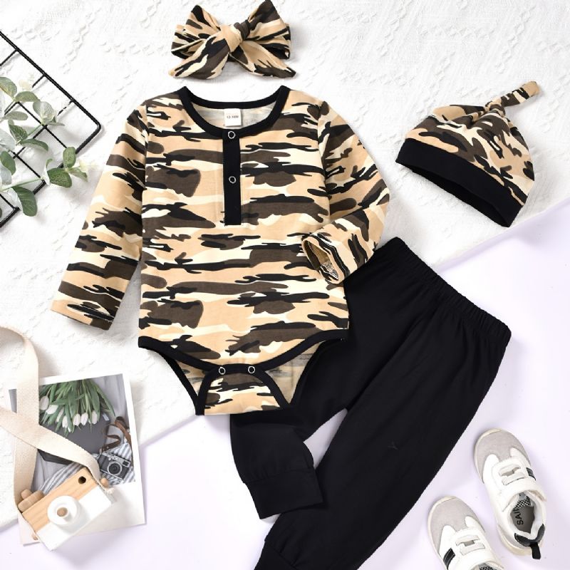 Toddler Baby Drenge Bodysuits Camouflage Print Langærmede Rullebukser & Bukser & Hatte & Pandebånd Sæt