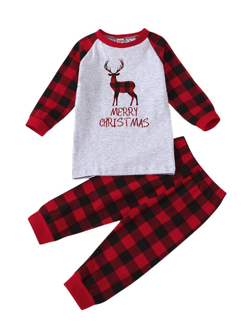 Toddler Baby Pyjamas Familie Outfit Jule Hjorte Print Rundhalset Langærmet Top & Plaid Bukser Sæt Til Drenge Piger