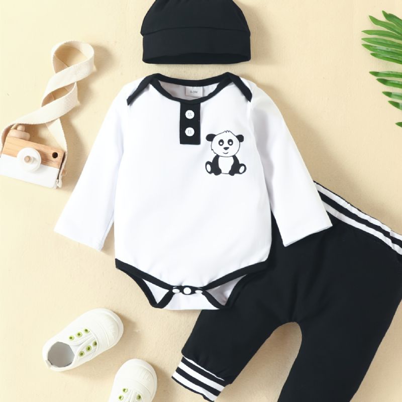 Toddler Newborn Baby Drenge Panda Printet Langærmet Romper + Bukser + Hatte 3 Stk Sæt