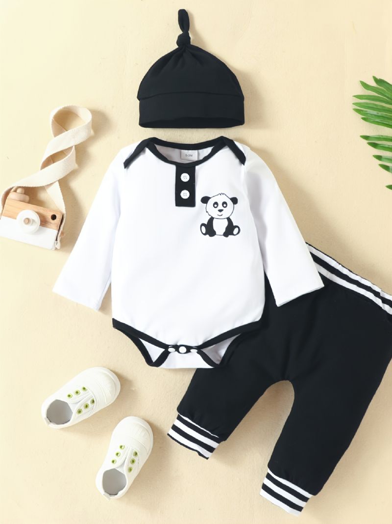 Toddler Newborn Baby Drenge Panda Printet Langærmet Romper + Bukser + Hatte 3 Stk Sæt