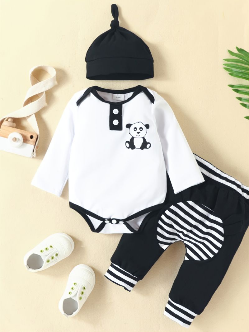 Toddler Newborn Baby Drenge Panda Printet Langærmet Romper + Bukser + Hatte 3 Stk Sæt