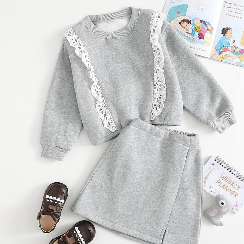 2 Stk Baby Piger Blonder Trim Pullover Rund Hals Langærmet Fleece Varm Sweatshirt & Nederdel Sæt