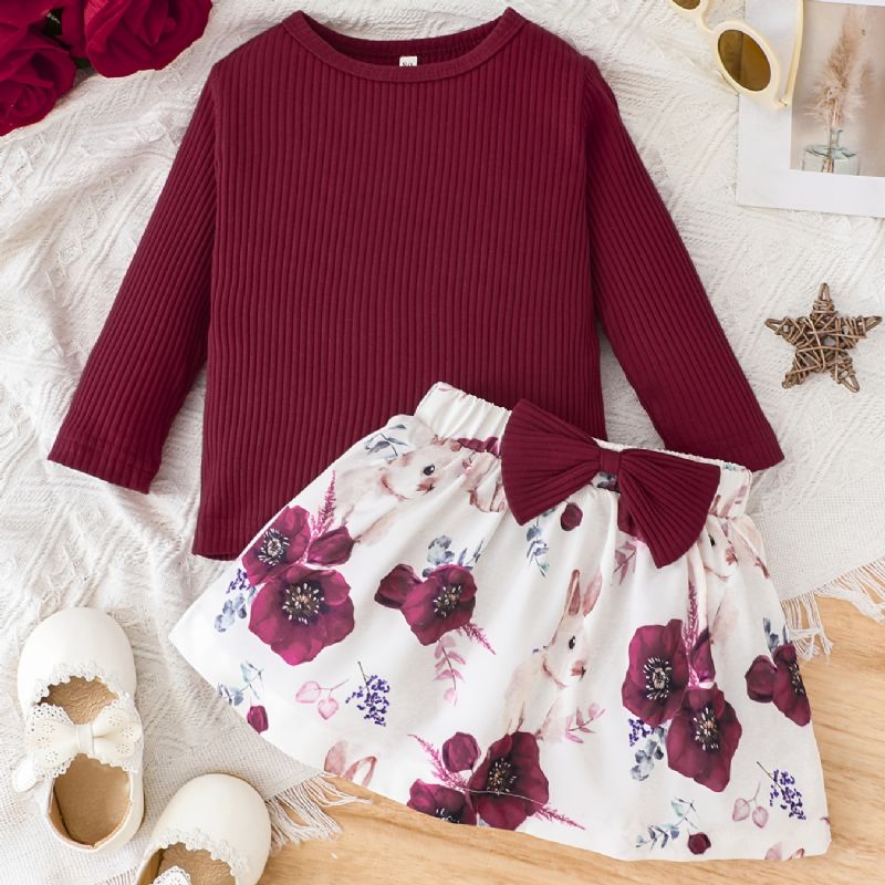 2 Stk Baby Piger Pullover Ensfarvet Langærmet Top & Blomster Kanin Print Nederdel Børnetøj