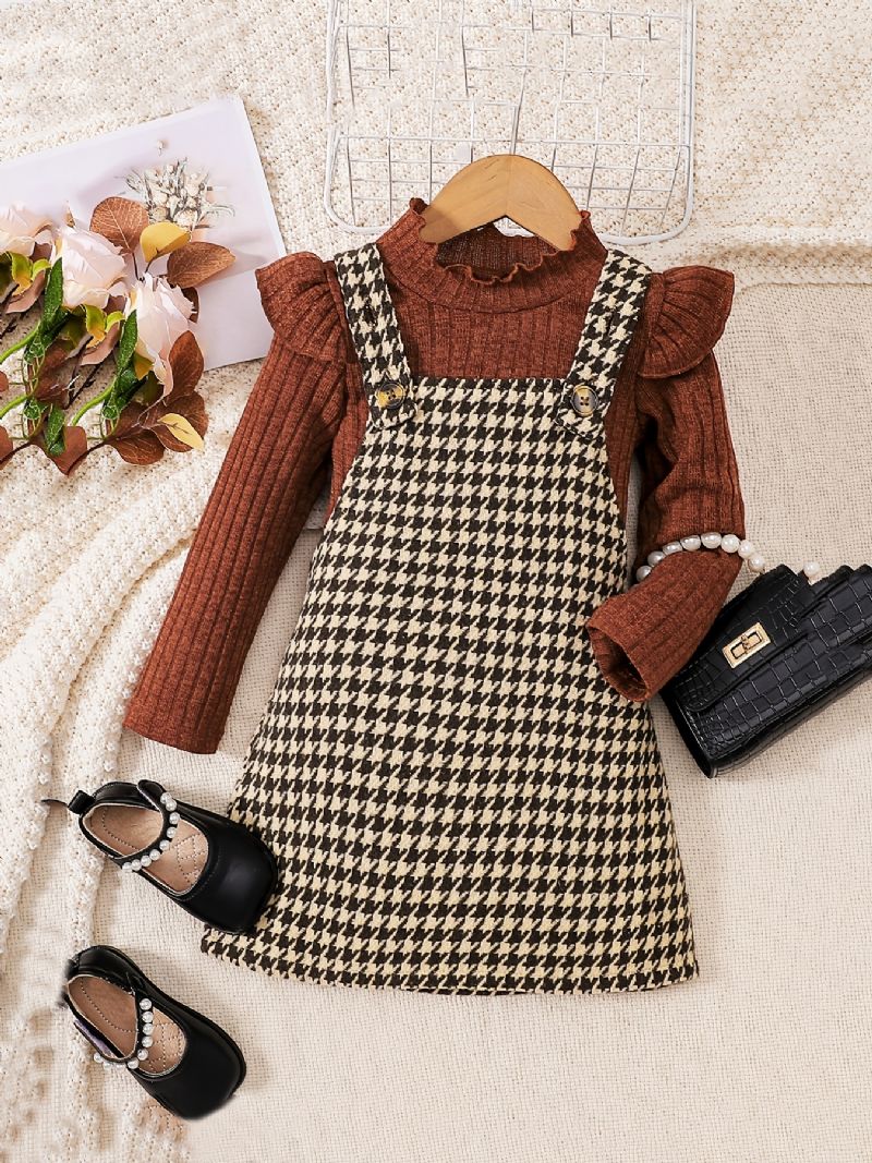 2 Stk Elegant Sweet Houndstooth Tweed Suspender Nederdel & Flæser Sweater Sæt Til Vinterfest