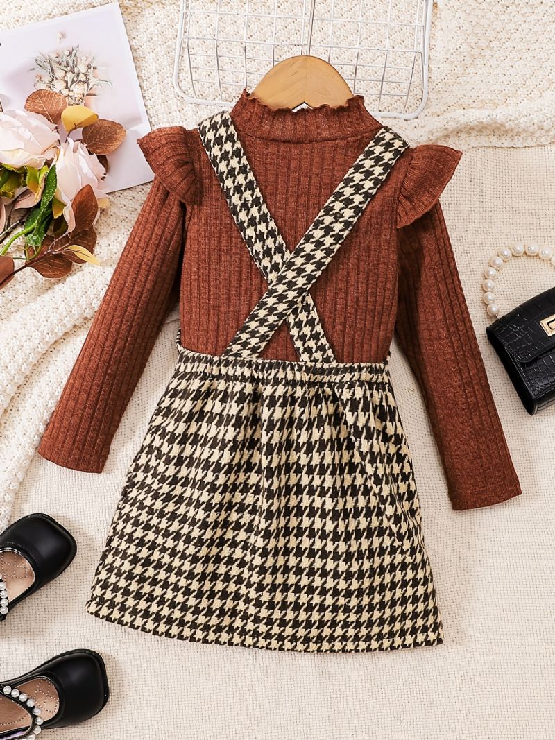 2 Stk Elegant Sweet Houndstooth Tweed Suspender Nederdel & Flæser Sweater Sæt Til Vinterfest