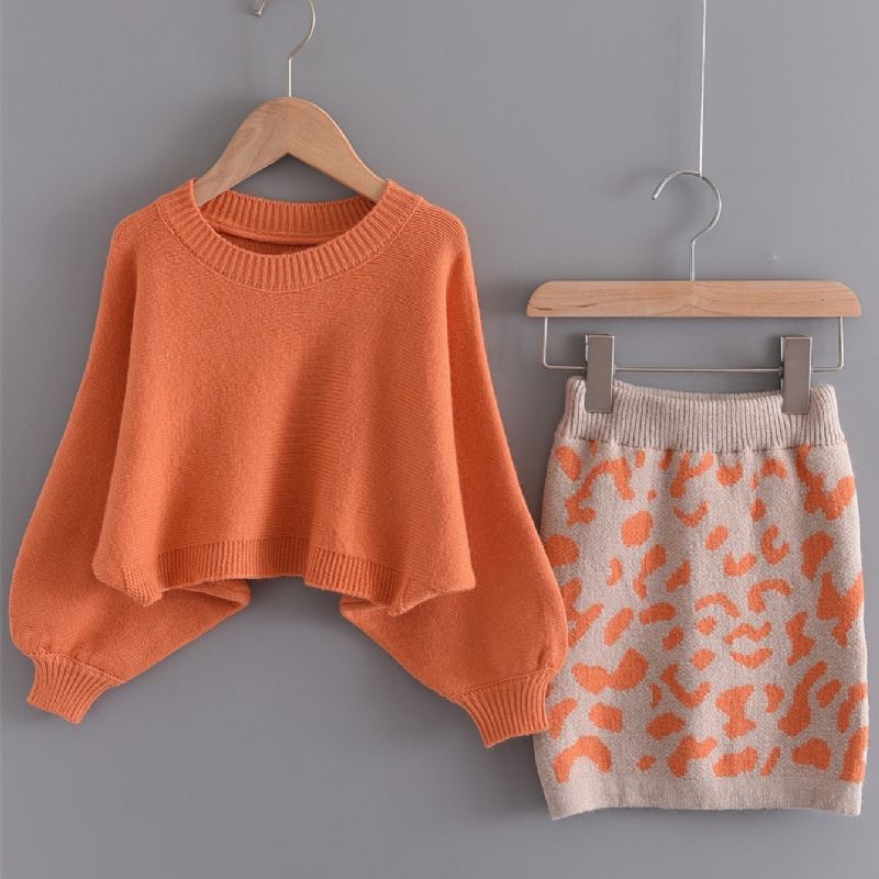 2 Stk Piger Casual Termisk Strikket Sweater & Leopardprint Nederdel Sæt Til Vinterfest Orange