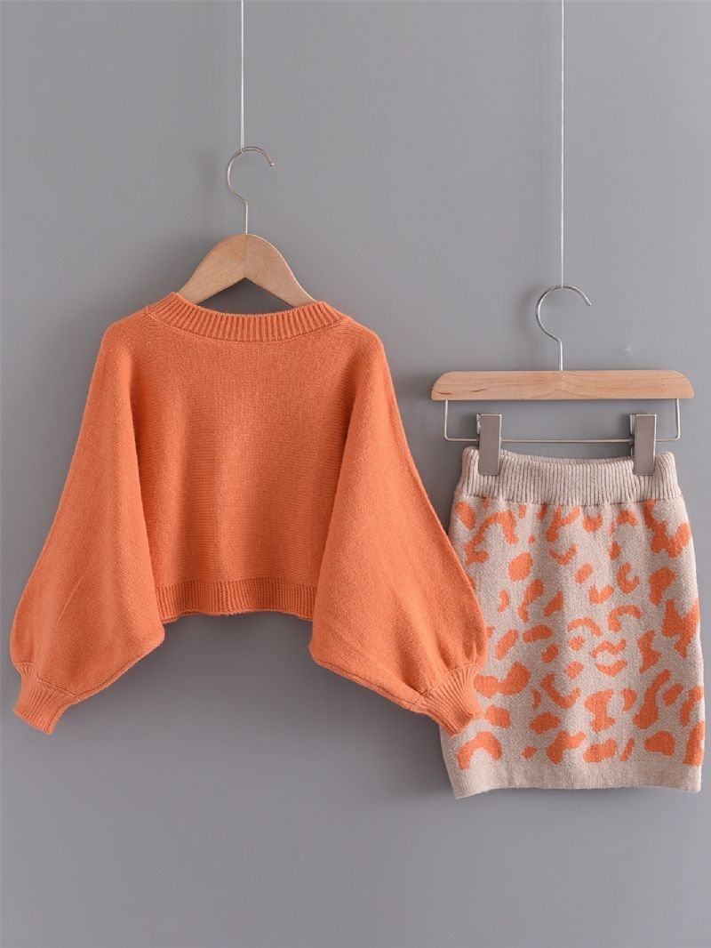 2 Stk Piger Casual Termisk Strikket Sweater & Leopardprint Nederdel Sæt Til Vinterfest Orange