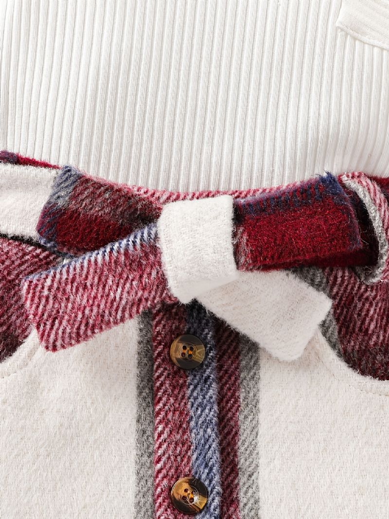 2 Stk Piger Solid Langærmet Rundhals Flæse Trim Top Plaid Nederdel Med Bowknot Bælte Sæt Tøj