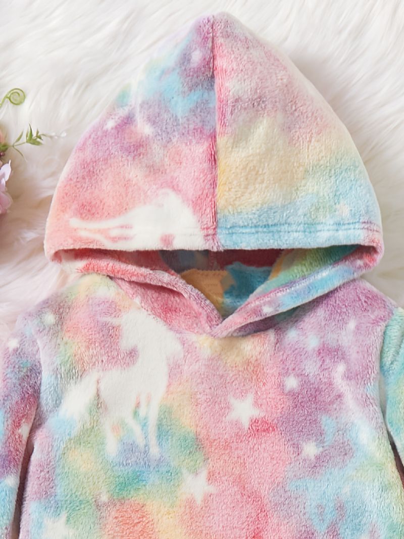 2 Stk Plys Hættetrøje Til Piger Tie Dye Unicorn Langærmet Pullover Sweatshirt & Nederdel Sæt Børnetøj