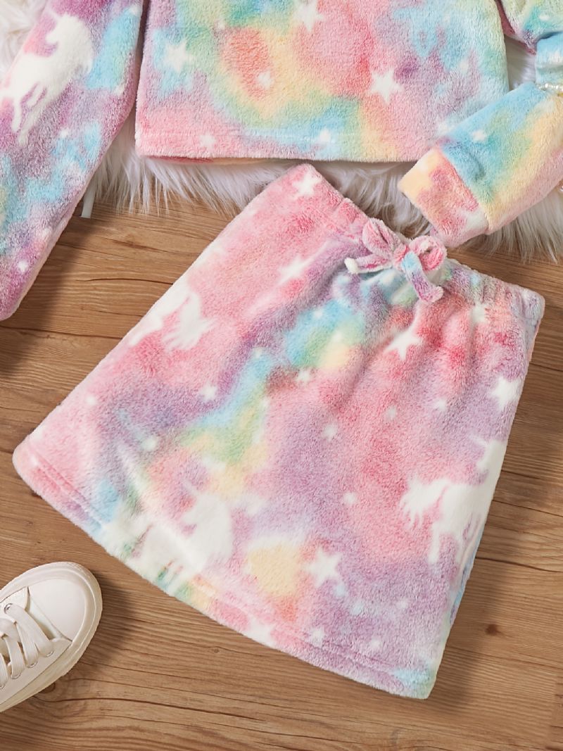 2 Stk Plys Hættetrøje Til Piger Tie Dye Unicorn Langærmet Pullover Sweatshirt & Nederdel Sæt Børnetøj