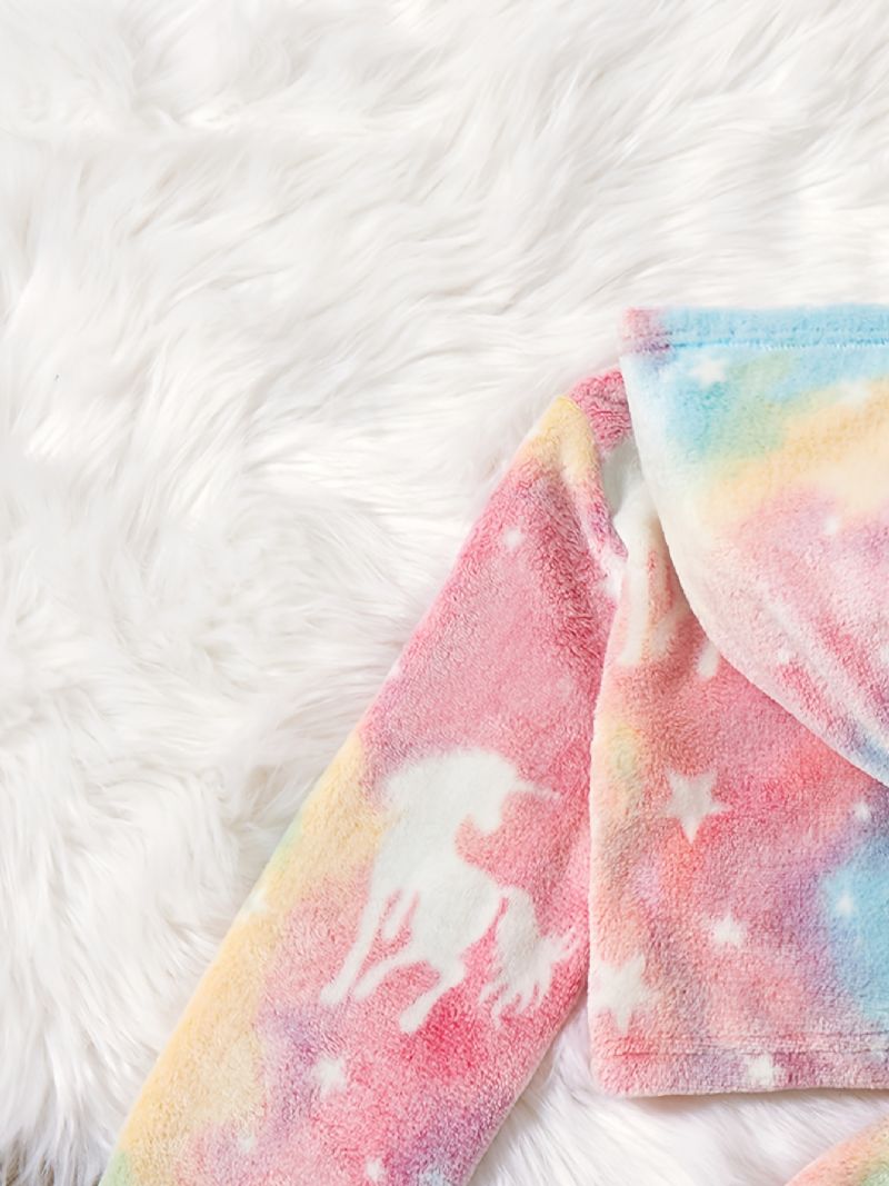 2 Stk Plys Hættetrøje Til Piger Tie Dye Unicorn Langærmet Pullover Sweatshirt & Nederdel Sæt Børnetøj