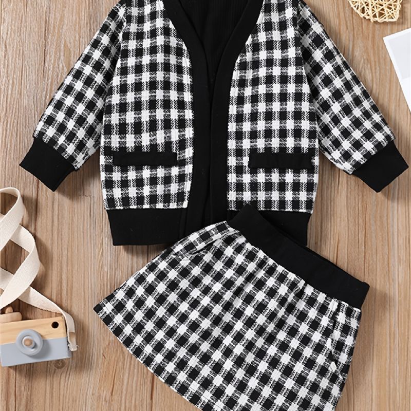 3 Stk Babypiger Langærmet Houndstooth Cardigan & Strikket Pullover Shirt & Plaid Nederdel Børnetøj