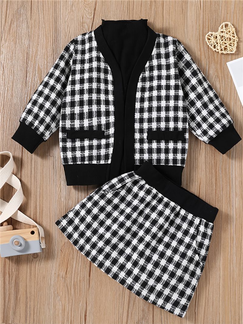 3 Stk Babypiger Langærmet Houndstooth Cardigan & Strikket Pullover Shirt & Plaid Nederdel Børnetøj