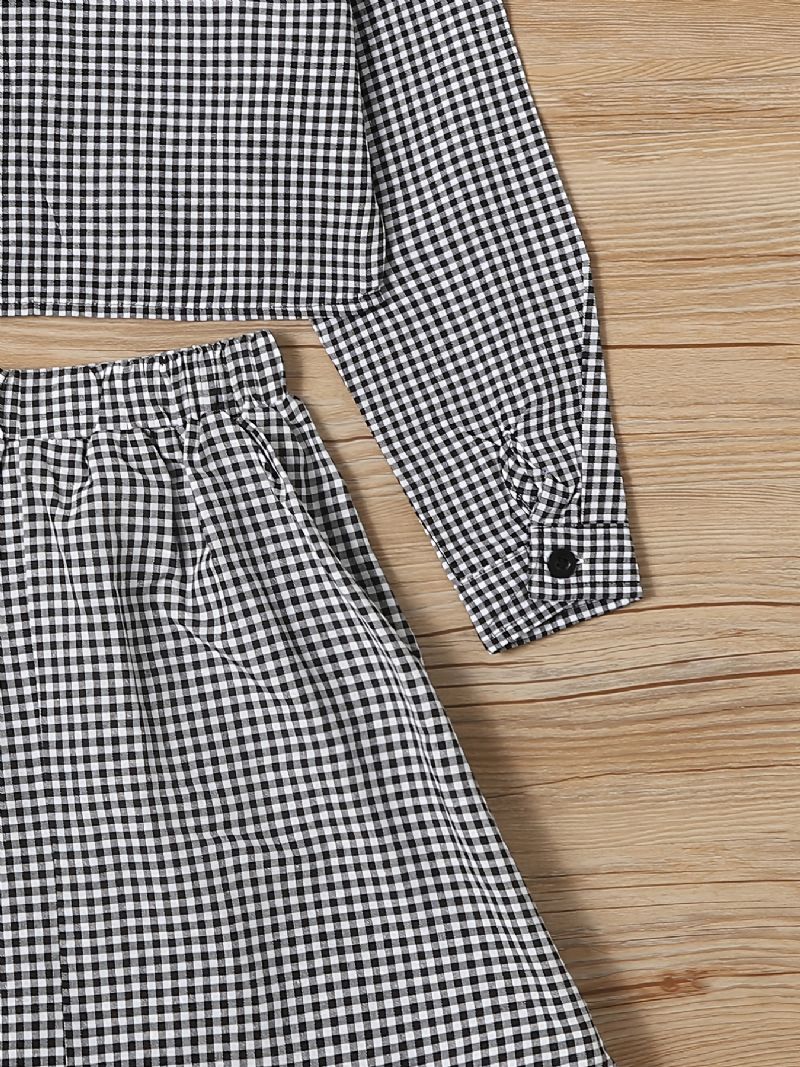 Langærmet Plaid Skjorte Med Knapper Til Piger + Matchende Nederdelsæt Børnetøj Kjole Outfit