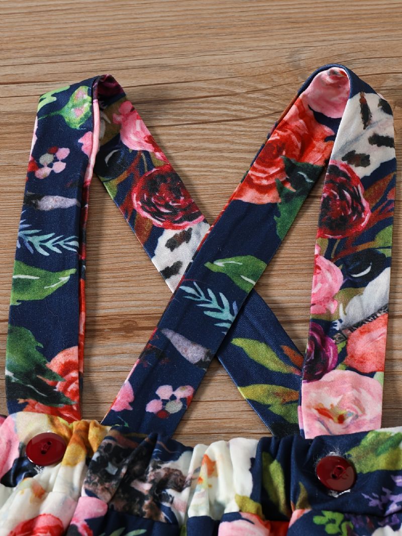 Piger Rundhalset Flæseærmet Top + Blomsterprint Pinafore Suspender Nederdel + Pandebånd Sæt Babytøj Børnetøj