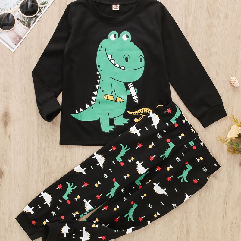 2 Stk Baby Drenge Dinosaur Print Rundhalset Langærmet T-shirt Toppe & Bukser Børnetøj Sæt