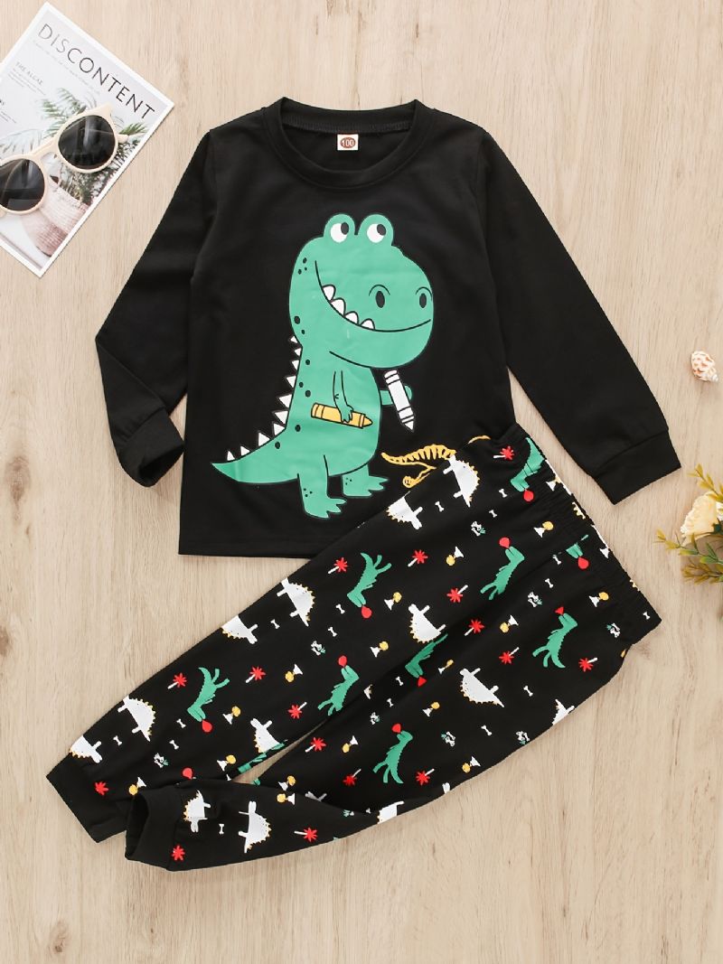 2 Stk Baby Drenge Dinosaur Print Rundhalset Langærmet T-shirt Toppe & Bukser Børnetøj Sæt