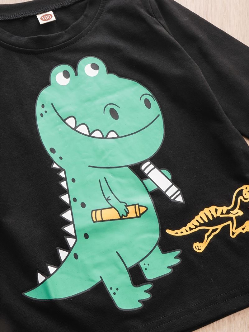 2 Stk Baby Drenge Dinosaur Print Rundhalset Langærmet T-shirt Toppe & Bukser Børnetøj Sæt