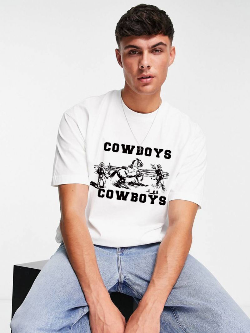 2023 Efterår Og Vinter Ny Mænds Afslappet Mode Rund Hals Hvid T-shirt Med 'cow Drenge Print