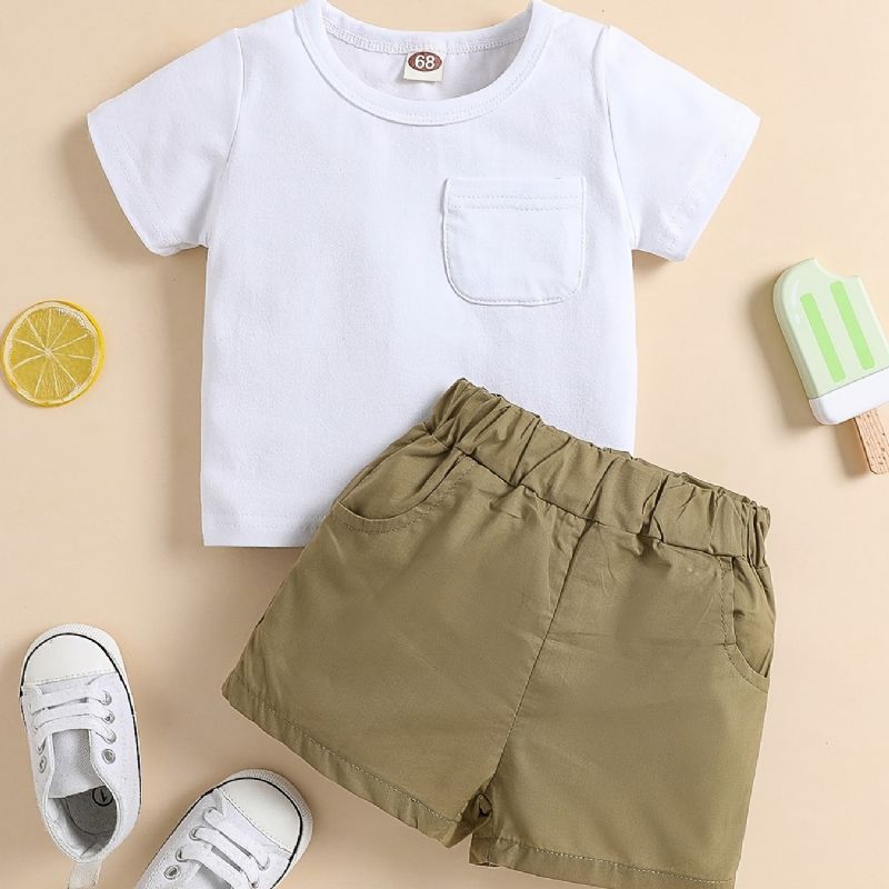 Baby Drenge Casual Solid Bomuld T-shirt & Elastiske Talje Shorts Sæt