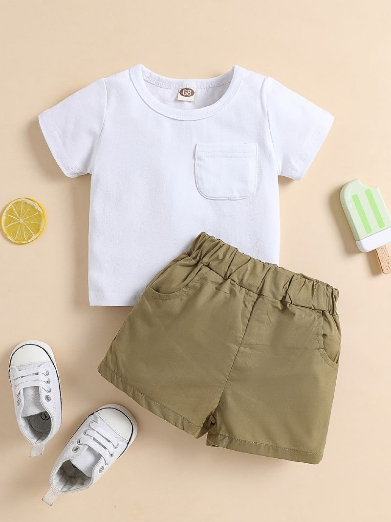 Baby Drenge Casual Solid Bomuld T-shirt & Elastiske Talje Shorts Sæt