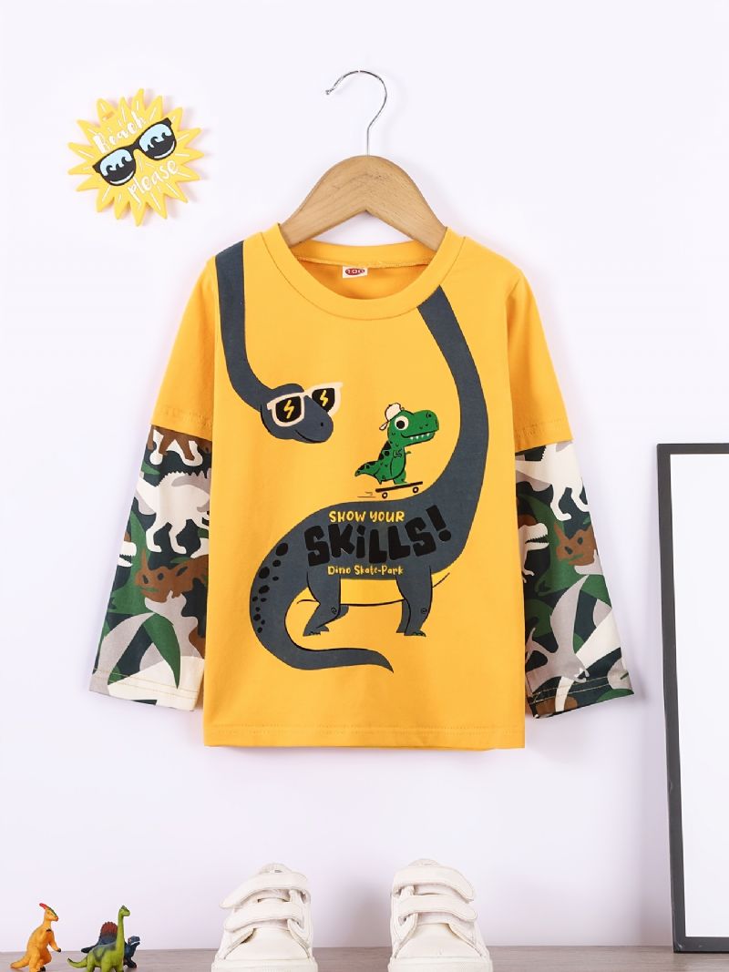 Baby Drenge Splejsning Langærmet T-shirt Dinosaur Print Rund Hals Bundtop