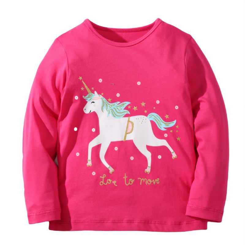 Baby Piger Langærmede T-shirts Rundhalset Søde Unicorn Print Toppe Børnetøj