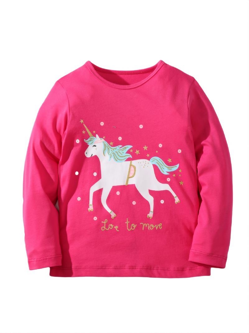 Baby Piger Langærmede T-shirts Rundhalset Søde Unicorn Print Toppe Børnetøj