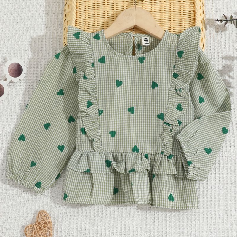 Baby Piger Langærmet T-shirt Hjerte Print Flæse Plaid Rund Hals Top Børnetøj