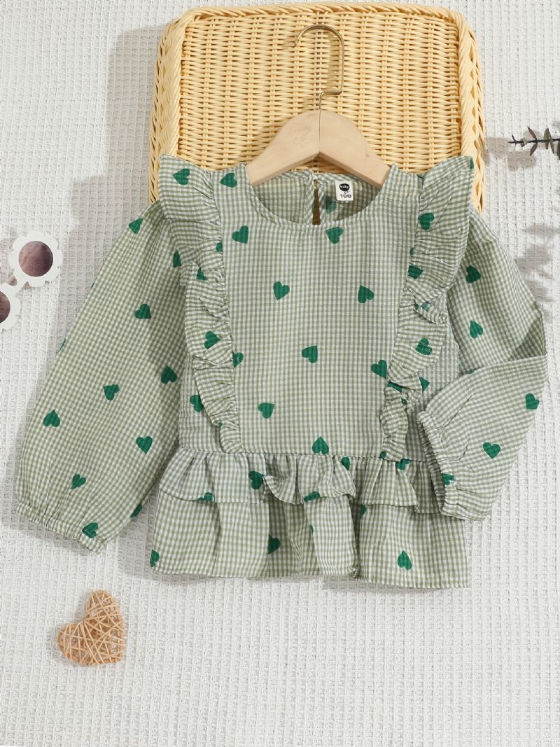 Baby Piger Langærmet T-shirt Hjerte Print Flæse Plaid Rund Hals Top Børnetøj