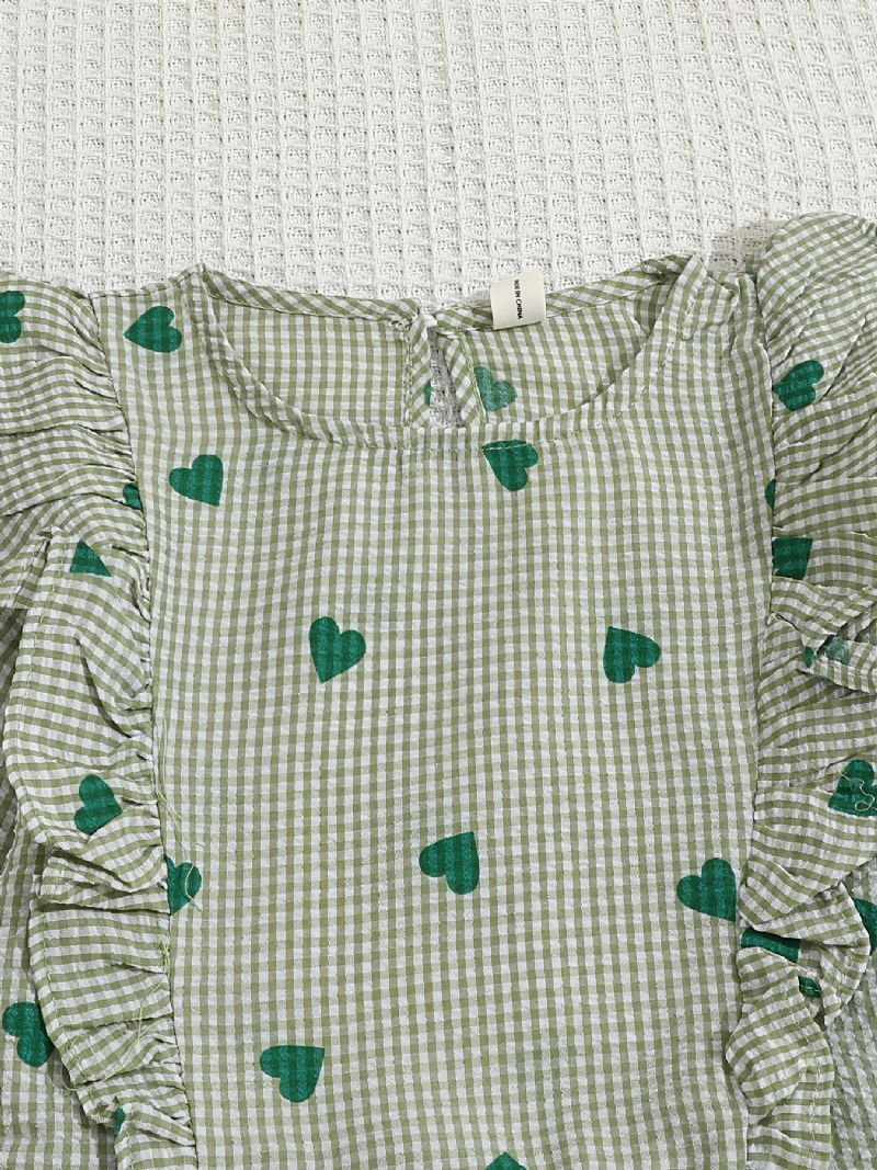 Baby Piger Langærmet T-shirt Hjerte Print Flæse Plaid Rund Hals Top Børnetøj